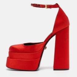 Versace Red Satin Platform Ankle Strap Sandals Size 39.5