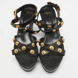 مملوكة مسبقًا Versace Black Leather Medusa Wedge Sandals Size 40