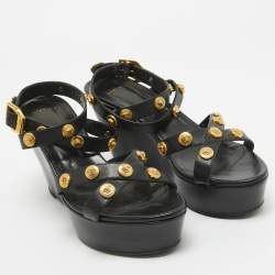 مملوكة مسبقًا Versace Black Leather Medusa Wedge Sandals Size 40