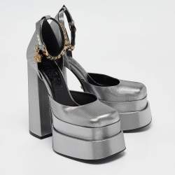 Versace Silver Lurex Fabric Medusa Aevitas Double Platform Pumps Size 37