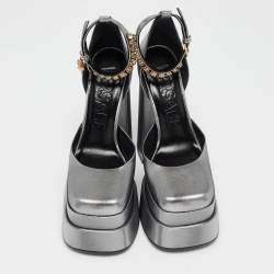 Versace Silver Lurex Fabric Medusa Aevitas Double Platform Pumps Size 37