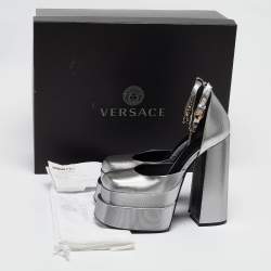 Versace Silver Lurex Fabric Medusa Aevitas Double Platform Pumps Size 37