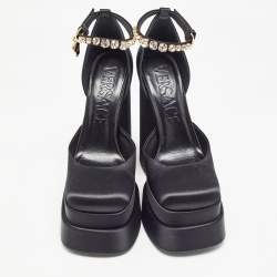 Versace Black Satin Aevitas Crystal Embellished Platform Block Heel Ankle Strap Pumps Size 39 