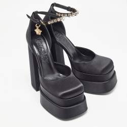 Versace Black Satin Aevitas Crystal Embellished Platform Block Heel Ankle Strap Pumps Size 39 