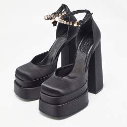 Versace Black Satin Aevitas Crystal Embellished Platform Block Heel Ankle Strap Pumps Size 39 