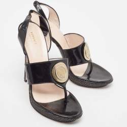 Pre Owned Versace Black Patent Leather Medusa Slingback Sandals Size 38