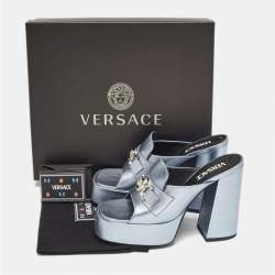 Versace Metallic Blue Leather Medusa Slide Sandals Size 38