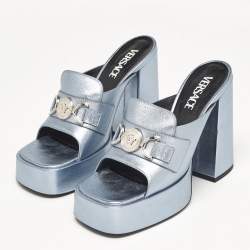 Versace Metallic Blue Leather Medusa Slide Sandals Size 38