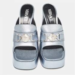 Versace Metallic Blue Leather Medusa Slide Sandals Size 38