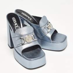 Versace Metallic Blue Leather Medusa Slide Sandals Size 38