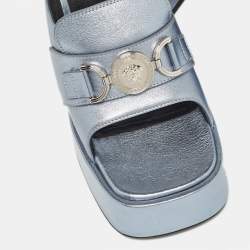 Versace Metallic Blue Leather Medusa Slide Sandals Size 38