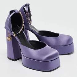 Pre Owned Versace Purple Satin Aevitas Platform Ankle Wrap Pumps Size 39