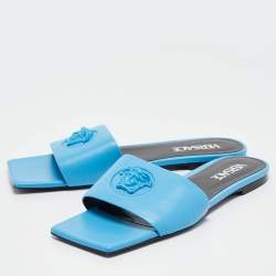 Versace Blue Leather Flat Slides Size 38