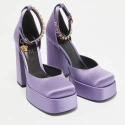 Versace Purple Satin Crystal Embellished Aevitas Platform Pumps Size 38.5