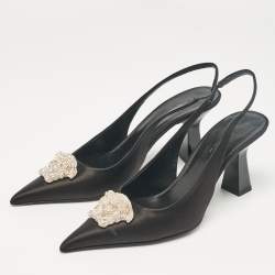 مملوكة مسبقًا Versace Black Satin Crystal Embellished La Medusa Slingback Pumps Size 38