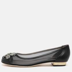 Pre Owned Versace Black Leather and Mesh Embellished Ballet Flats Size 38