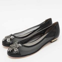 Pre Owned Versace Black Leather and Mesh Embellished Ballet Flats Size 38