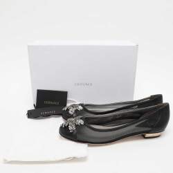 Pre Owned Versace Black Leather and Mesh Embellished Ballet Flats Size 38