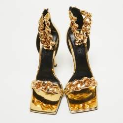 Versace Gold Patent Leather Medusa Chain Ankle Strap Sandals Size 40