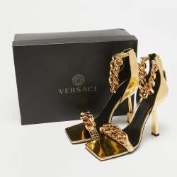 Versace Gold Patent Leather Medusa Chain Ankle Strap Sandals Size 40