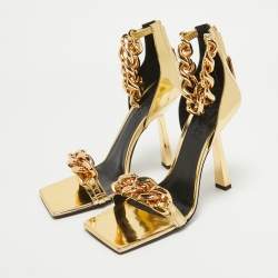 Versace Gold Patent Leather Medusa Chain Ankle Strap Sandals Size 40