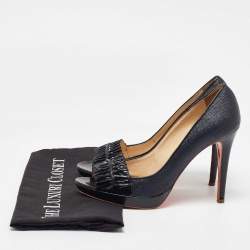 Pre Owned حذاء كعب عالي فيرساتشي جلد لامع ورافية أسود/أزرق كحلي مقدمة مفتوحة مقاس 38