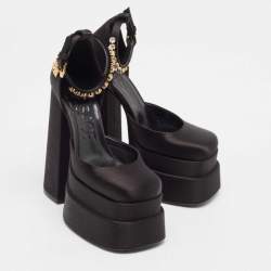 Versace Black Satin Medusa Aevitas Double Platform Pumps Size 35