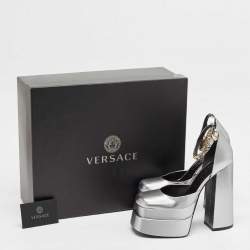 Versace Silver Lurex Fabric Medusa Aevitas Double Platform Pumps Size 38.5
