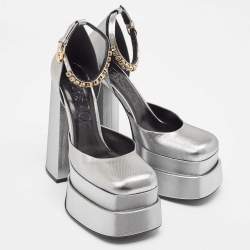 Versace Silver Lurex Fabric Medusa Aevitas Double Platform Pumps Size 38.5