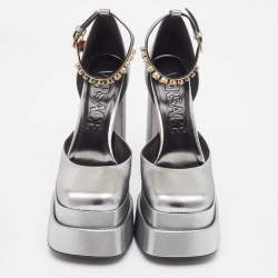 Versace Silver Lurex Fabric Medusa Aevitas Double Platform Pumps Size 38.5