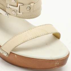 Versace Cream Leather Wooden Platform Slide Sandals Size 38