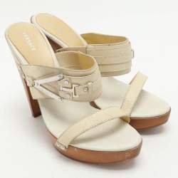 Versace Cream Leather Wooden Platform Slide Sandals Size 38