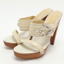 Versace Cream Leather Wooden Platform Slide Sandals Size 38