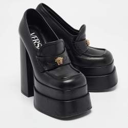 Versace Black Leather Aevitas Block Heel Pumps Size 36