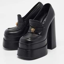 Versace Black Leather Aevitas Block Heel Pumps Size 36