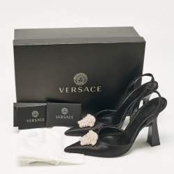 Versace Black Satin Crystal La Medusa Slingback Pumps Size 36