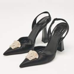 Versace Black Satin Crystal La Medusa Slingback Pumps Size 36