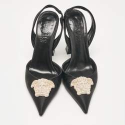 Versace Black Satin Crystal La Medusa Slingback Pumps Size 36