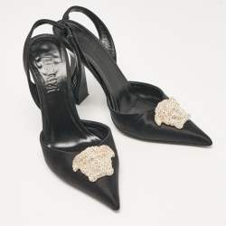 Versace Black Satin Crystal La Medusa Slingback Pumps Size 36