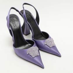 Versace Purple Satin Crystal Embellished La Medusa Slingback Pumps Size 41