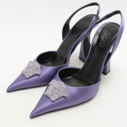 Versace Purple Satin Crystal Embellished La Medusa Slingback Pumps Size 41