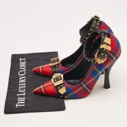 Versace Multicolor Check Canvas Medusa Pointed Toe Ankle Strap Pumps Size 38