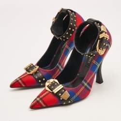 Versace Multicolor Check Canvas Medusa Pointed Toe Ankle Strap Pumps Size 38