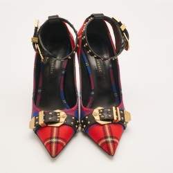 Versace Multicolor Check Canvas Medusa Pointed Toe Ankle Strap Pumps Size 38