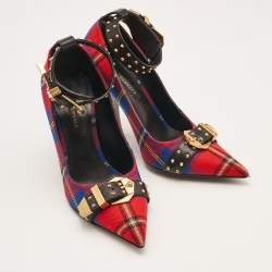 Versace Multicolor Check Canvas Medusa Pointed Toe Ankle Strap Pumps Size 38