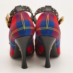 Versace Multicolor Check Canvas Medusa Pointed Toe Ankle Strap Pumps Size 38
