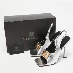 Pre Owned Versace Silver Leather le Medusa Slingback Sandals Size 38