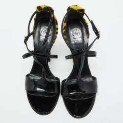 Versace Black Patent Leather and Animal Print Calf Hair Sandals Size 38.5