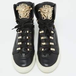 مملوكة مسبقًا حذاء رياضي فيرساتشي جلد أسود ميدوسا عنق عالي مقاس 39