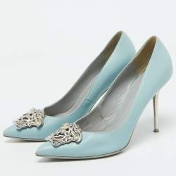 Versace Light Blue Leather Medusa Pointed Toe Pumps Size 39